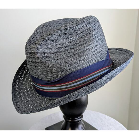 Vintage Haband Gray Straw Fedora Hat Blue Striped Hatband Made in USA Medium 22" - Picture 3 of 10